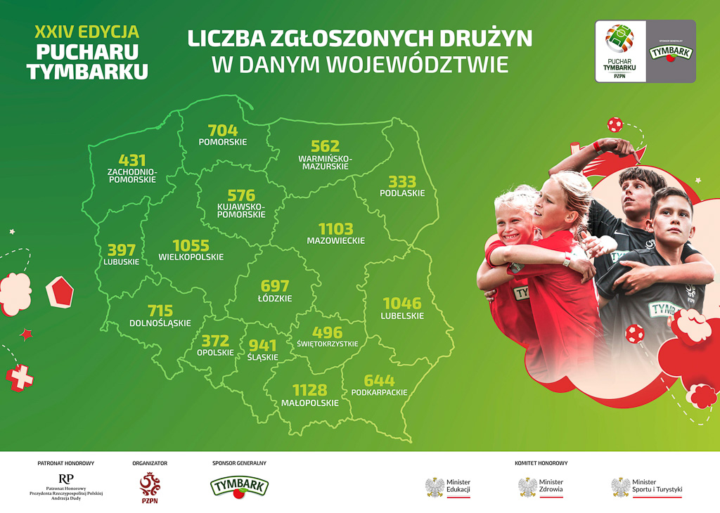 Liczba zgłoszonych druzyn w danym wojewodztwie XXIV edycja PT